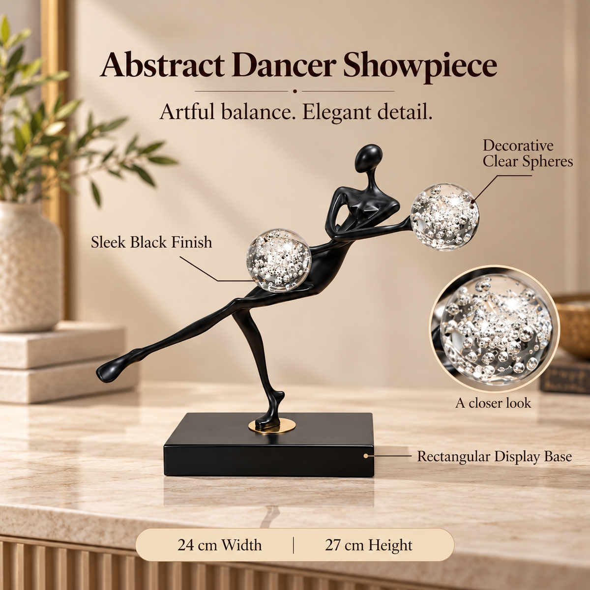 Abstract Balancing Dancer Polyresin Showpiece with Dual Crystal Globe Accents
