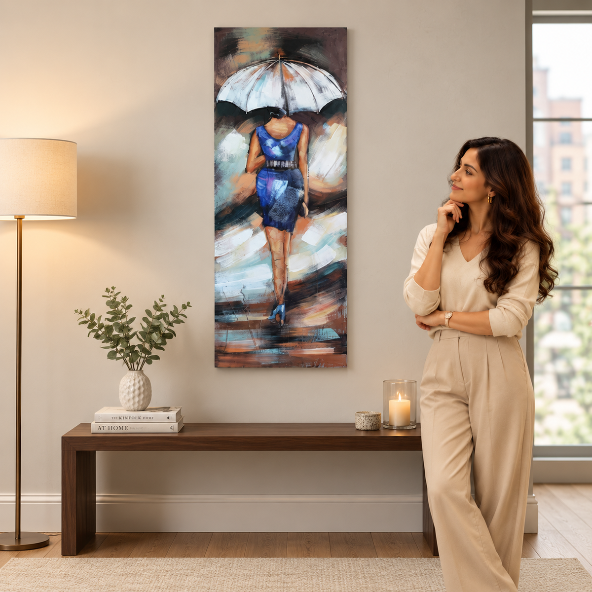 Abstract Woman with Umbrella Large Metal Wall Art – Blue (150 × 50 cm)