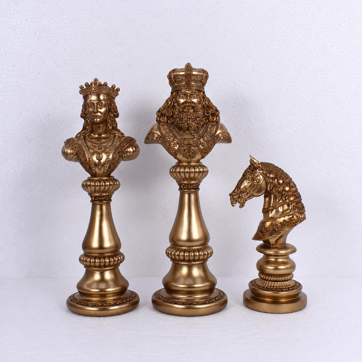 Royal Chess King, Queen & Knight Sculptures in Antique Bronze Finish