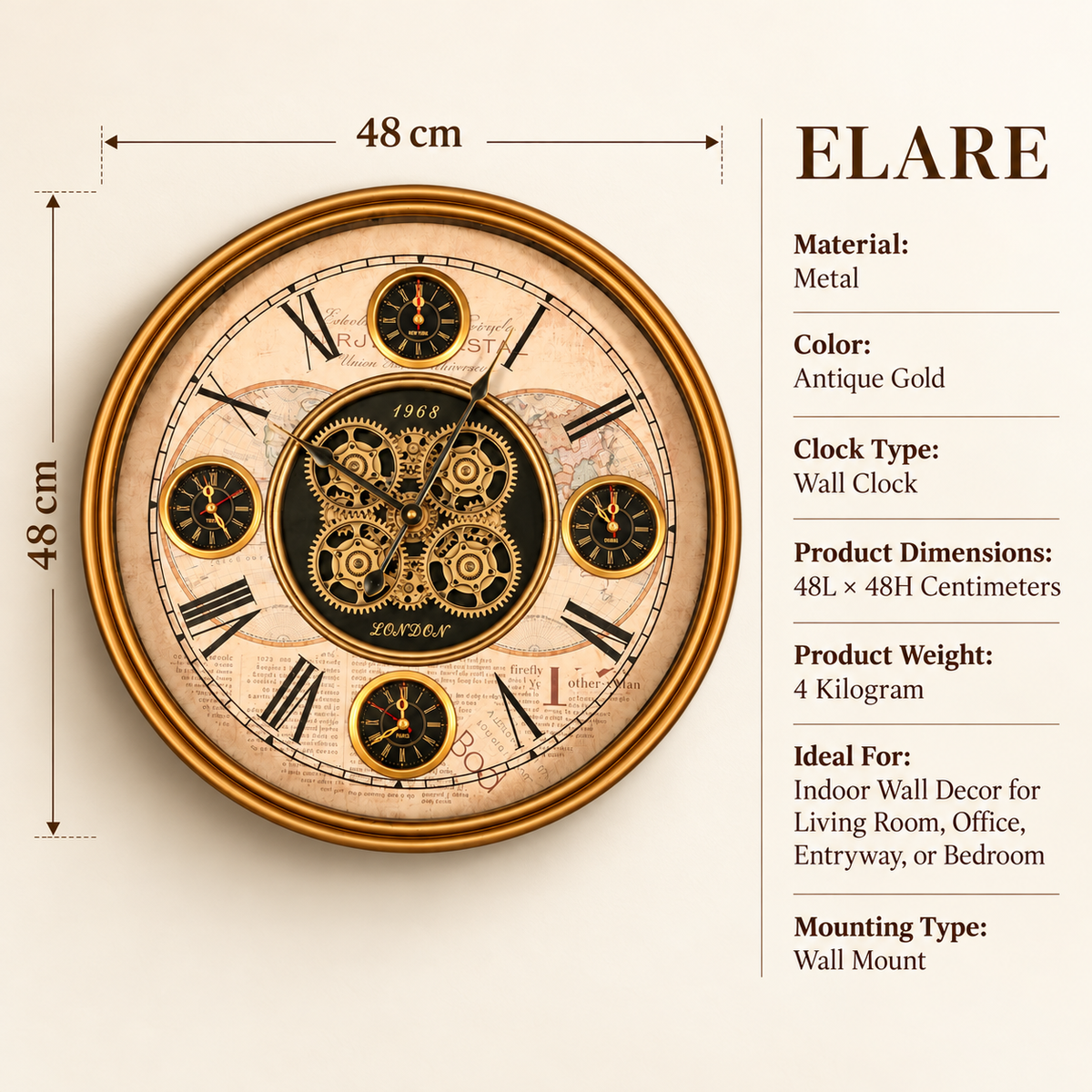 Gear Wall Clock with World Map Design – 48 cm