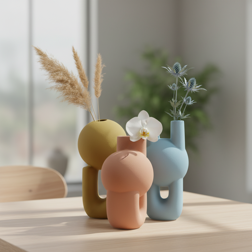 Colorful Ceramic Vase Set of 3 with Abstract Sculptural Design