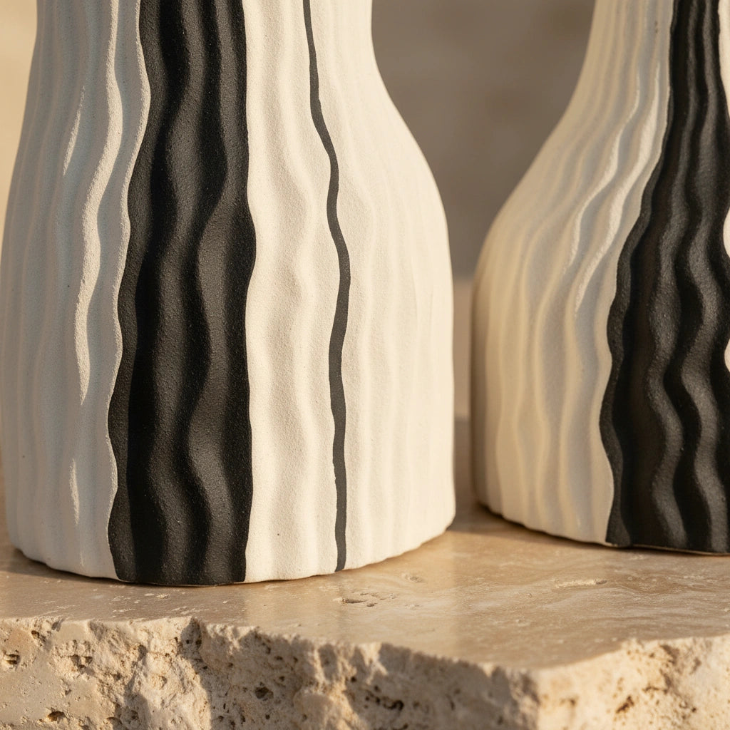 Modern Ribbed Ceramic Vase Set with Black Accent