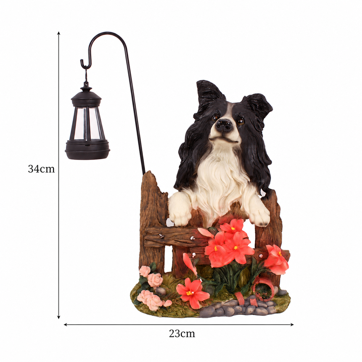 Charming Border Collie Garden Sculpture with Floral Fence & Hanging Lantern