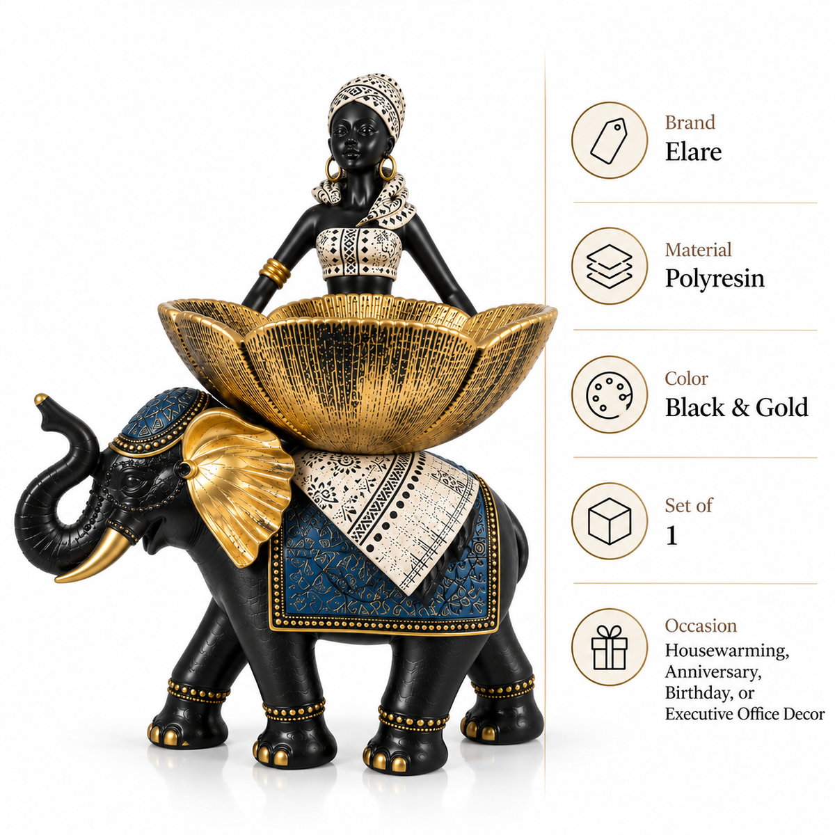 African Lady Elephant Showpiece with Golden Bowl