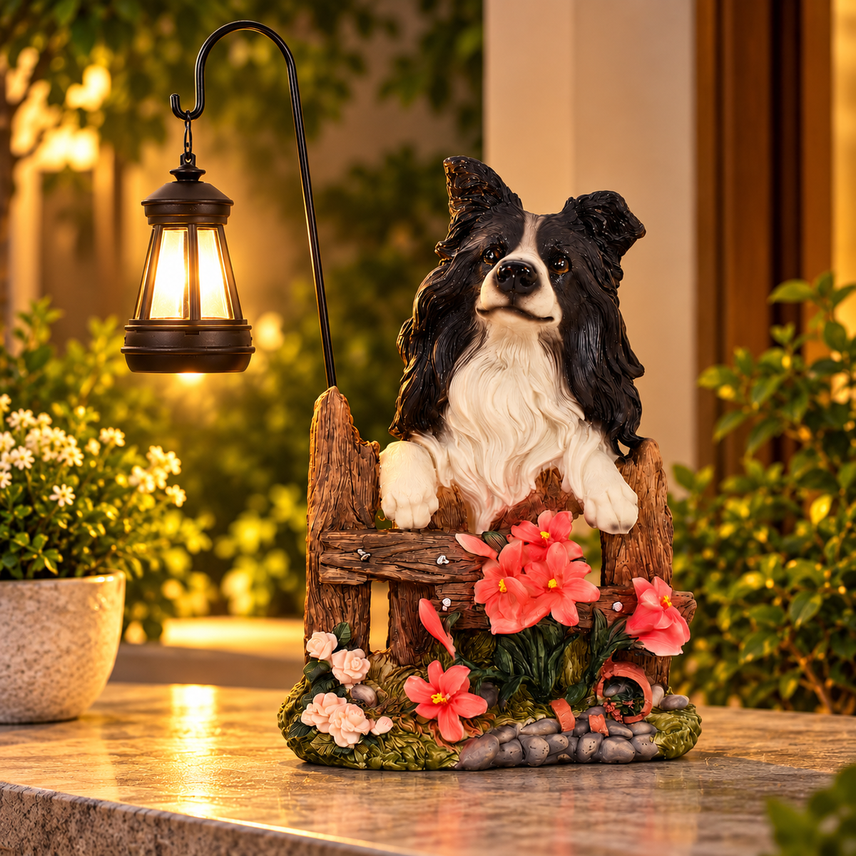 Charming Border Collie Garden Sculpture with Floral Fence & Hanging Lantern