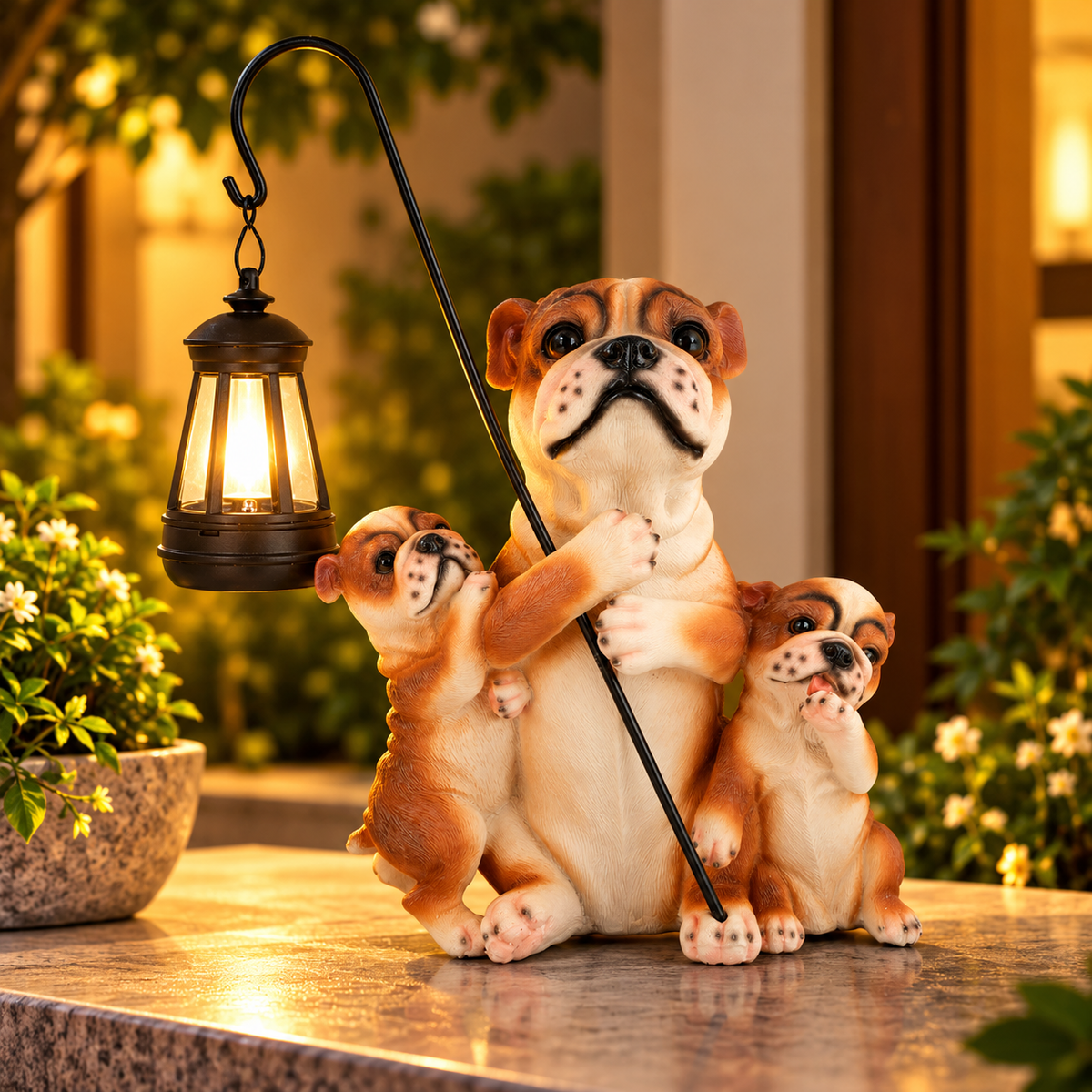 Adorable Bulldog Family Polyresin Showpiece with Sensor-Operated Hanging Lantern