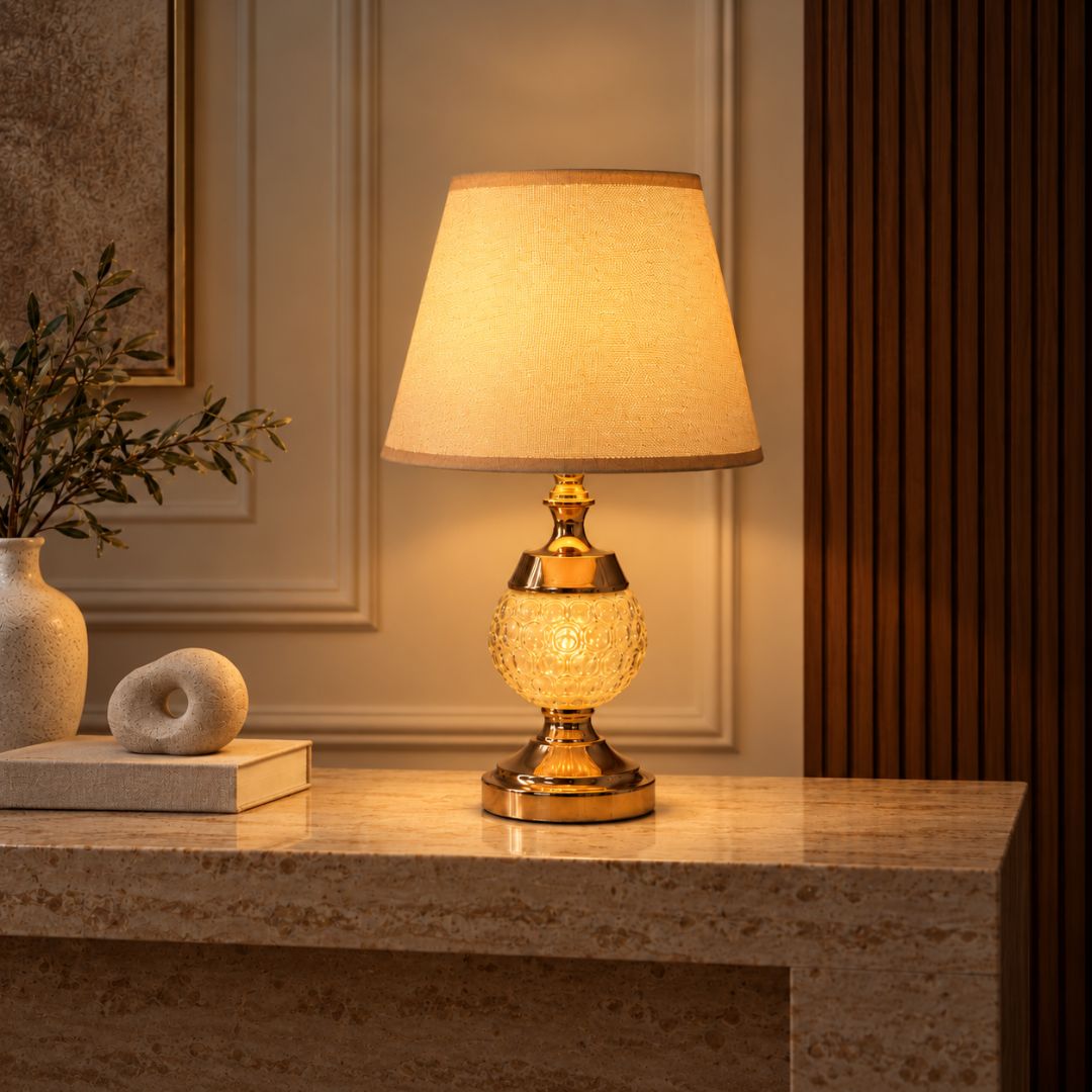 Gold Crystal Glass Table Lamp with Beige Fabric Shade, 44 cm Height