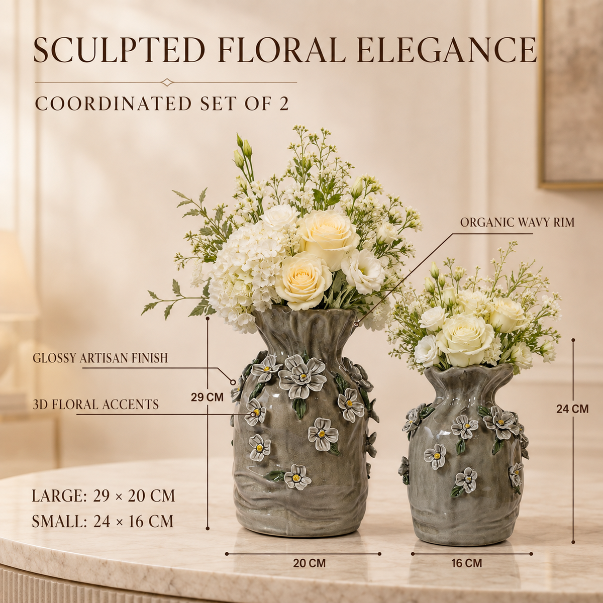 Grey Floral Ceramic Flower Vase Set of 2