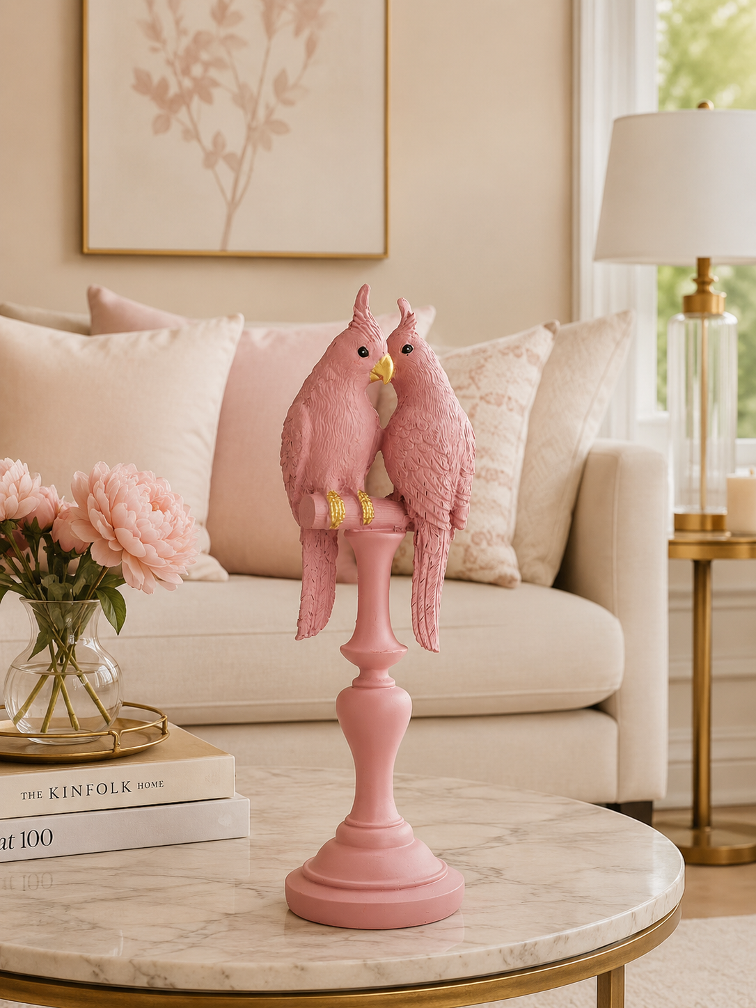 Blush Pink Cockatoo Couple on Pedestal Table Decor