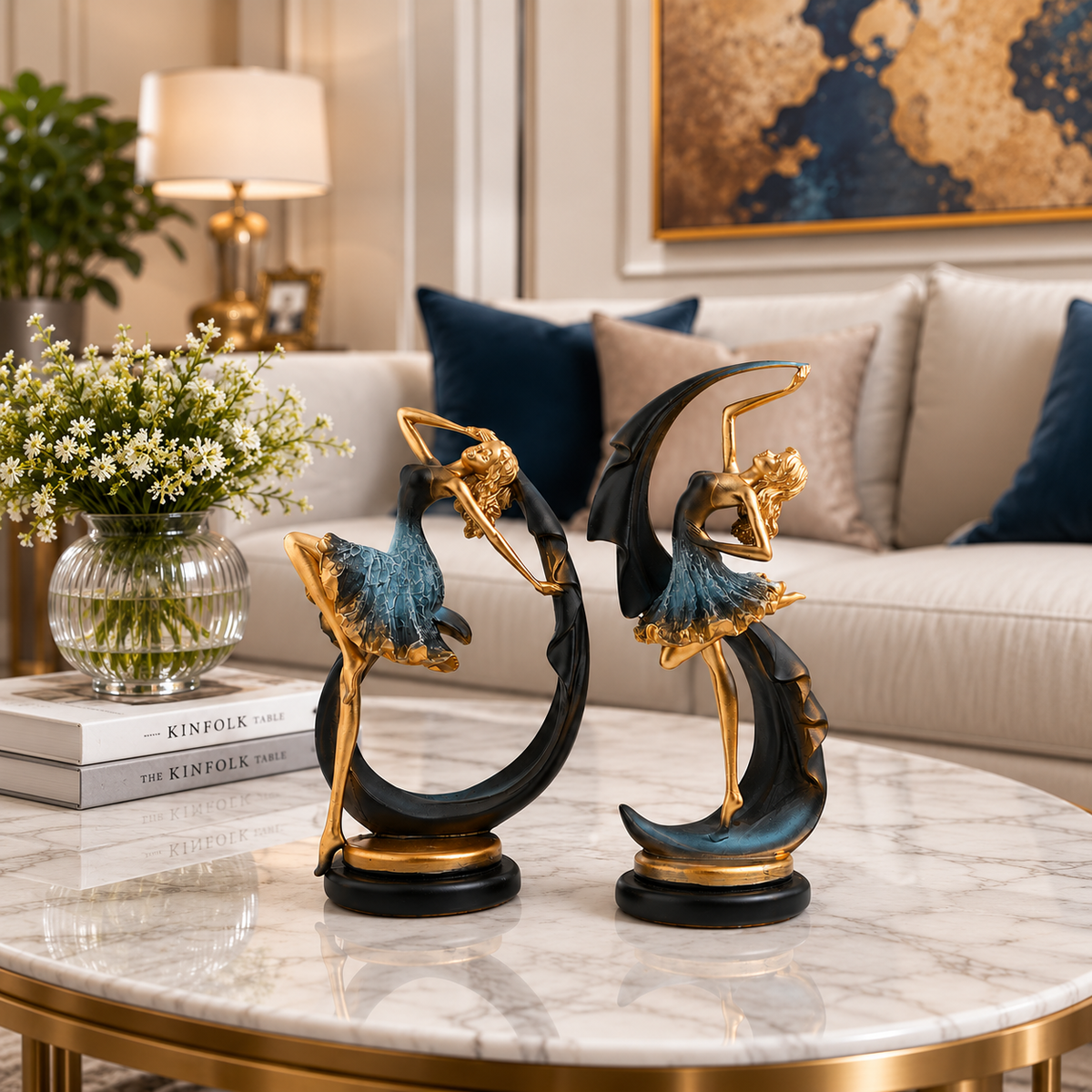 Elegant Dancing Ballerina Polyresin Showpieces in Blue and Gold