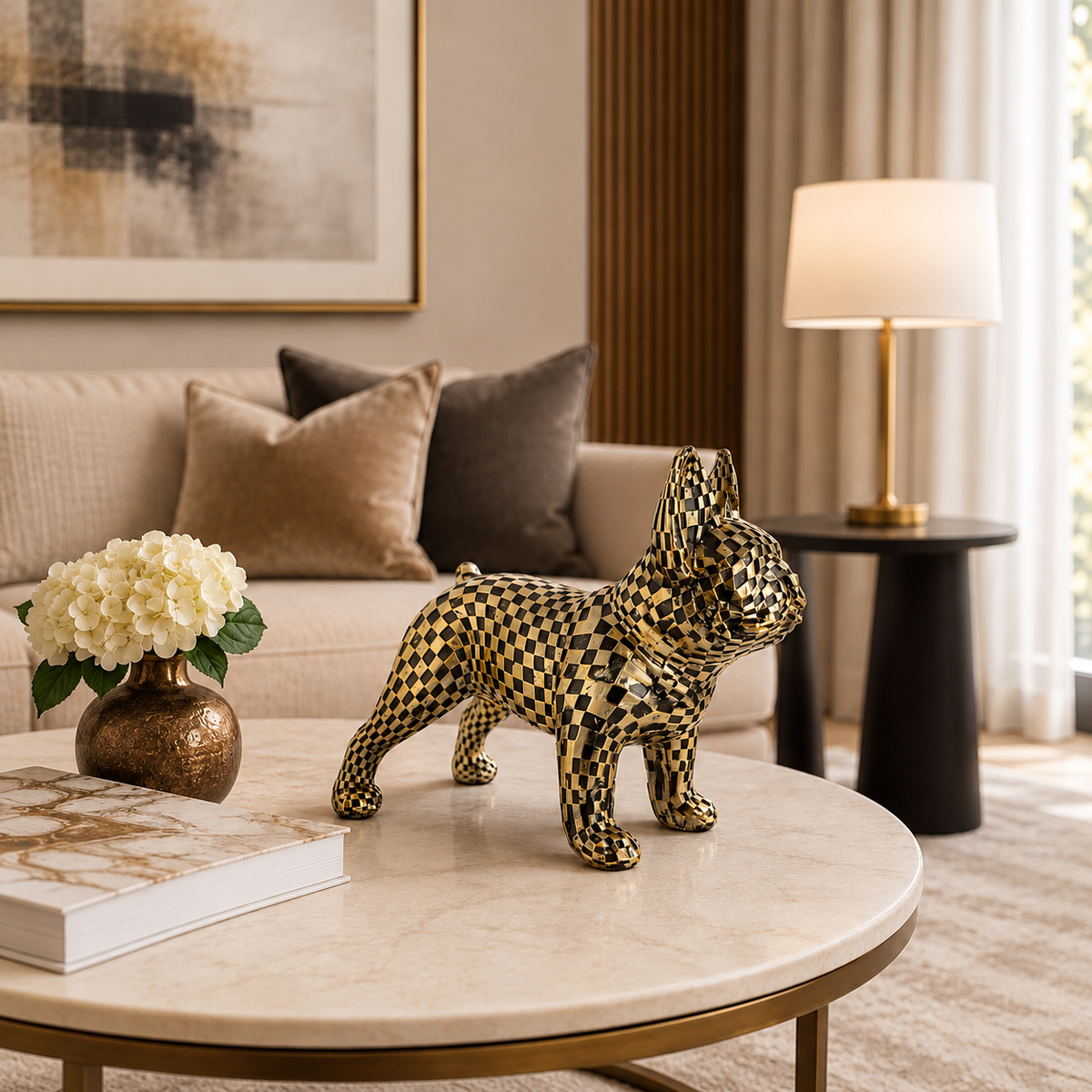 Black & Gold Checkered French Bulldog Showpiece