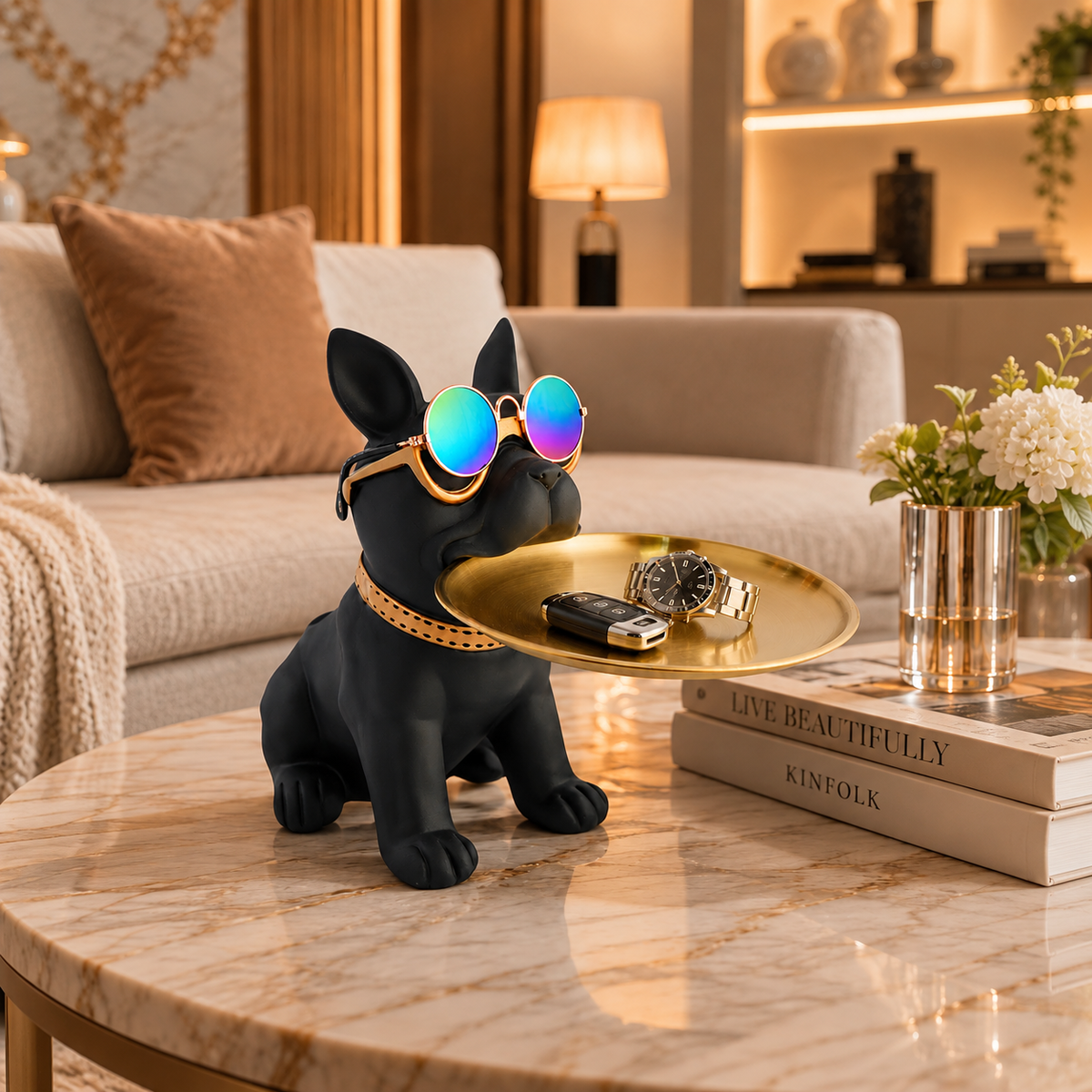 Gold Collar Accent, Matte Black Finish Dog Lover Showpiece