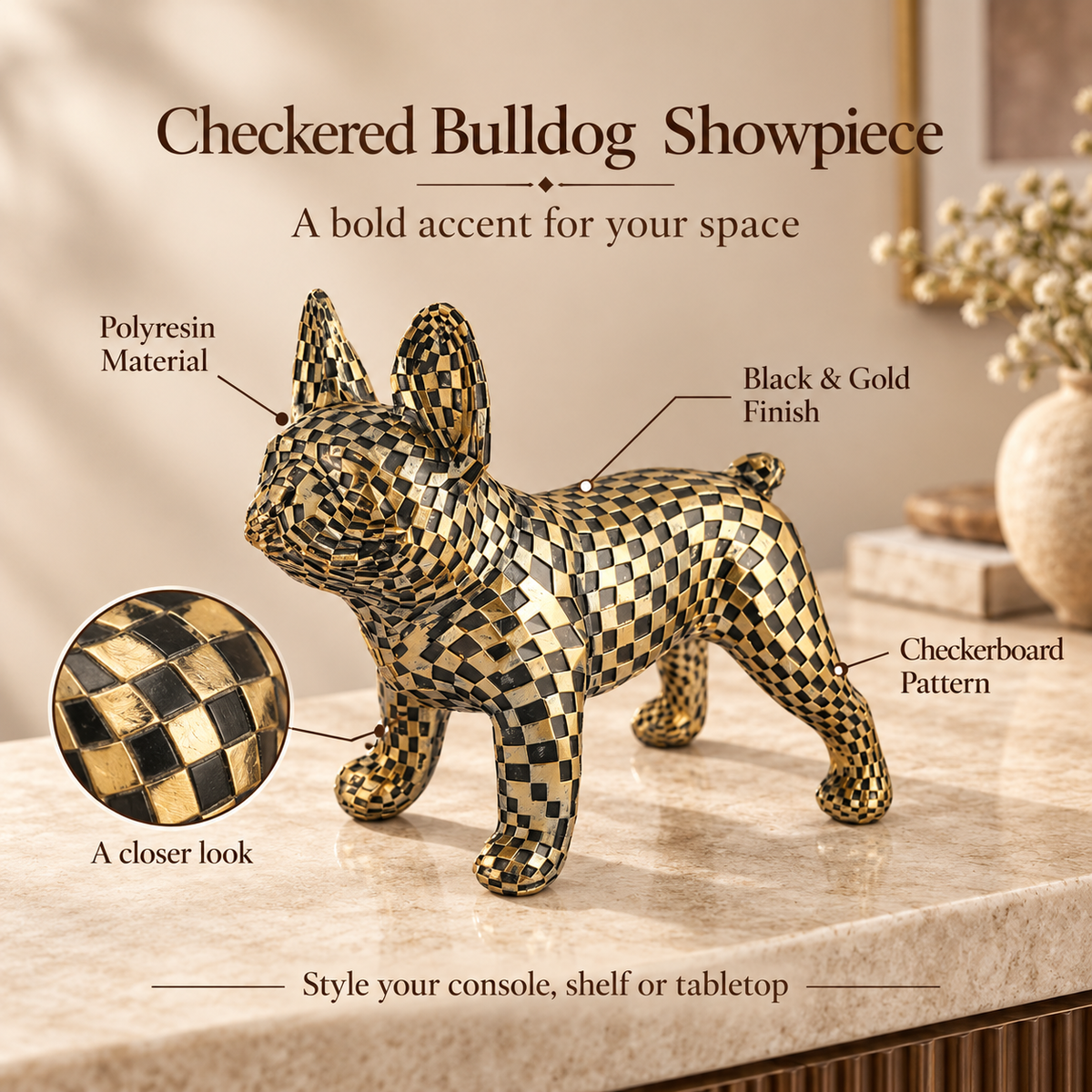 Black & Gold Checkered French Bulldog Showpiece