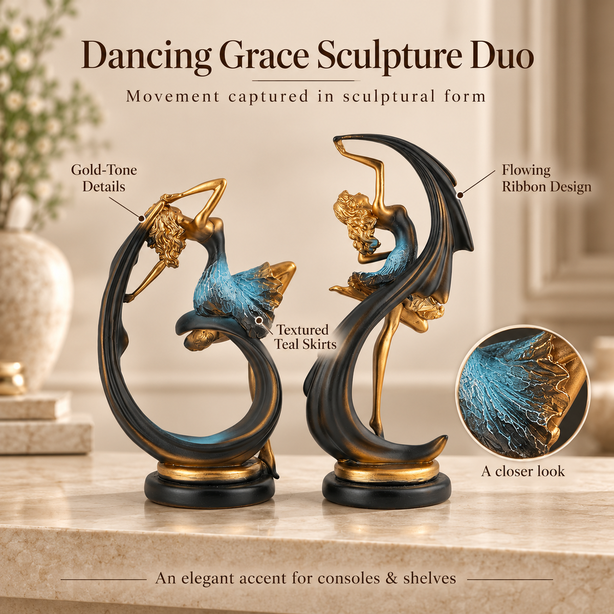 Elegant Dancing Ballerina Polyresin Showpieces in Blue and Gold