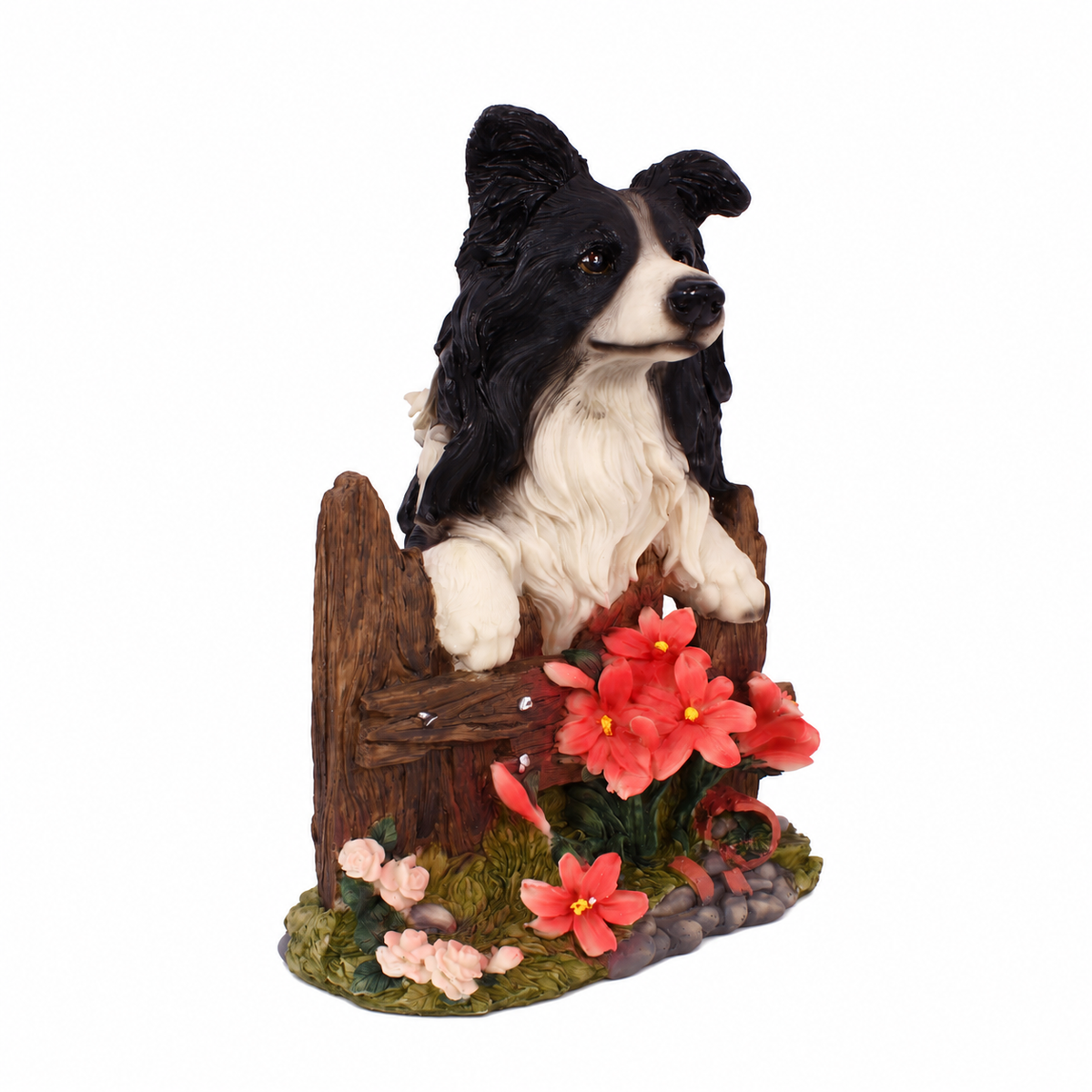 Charming Border Collie Garden Sculpture with Floral Fence & Hanging Lantern