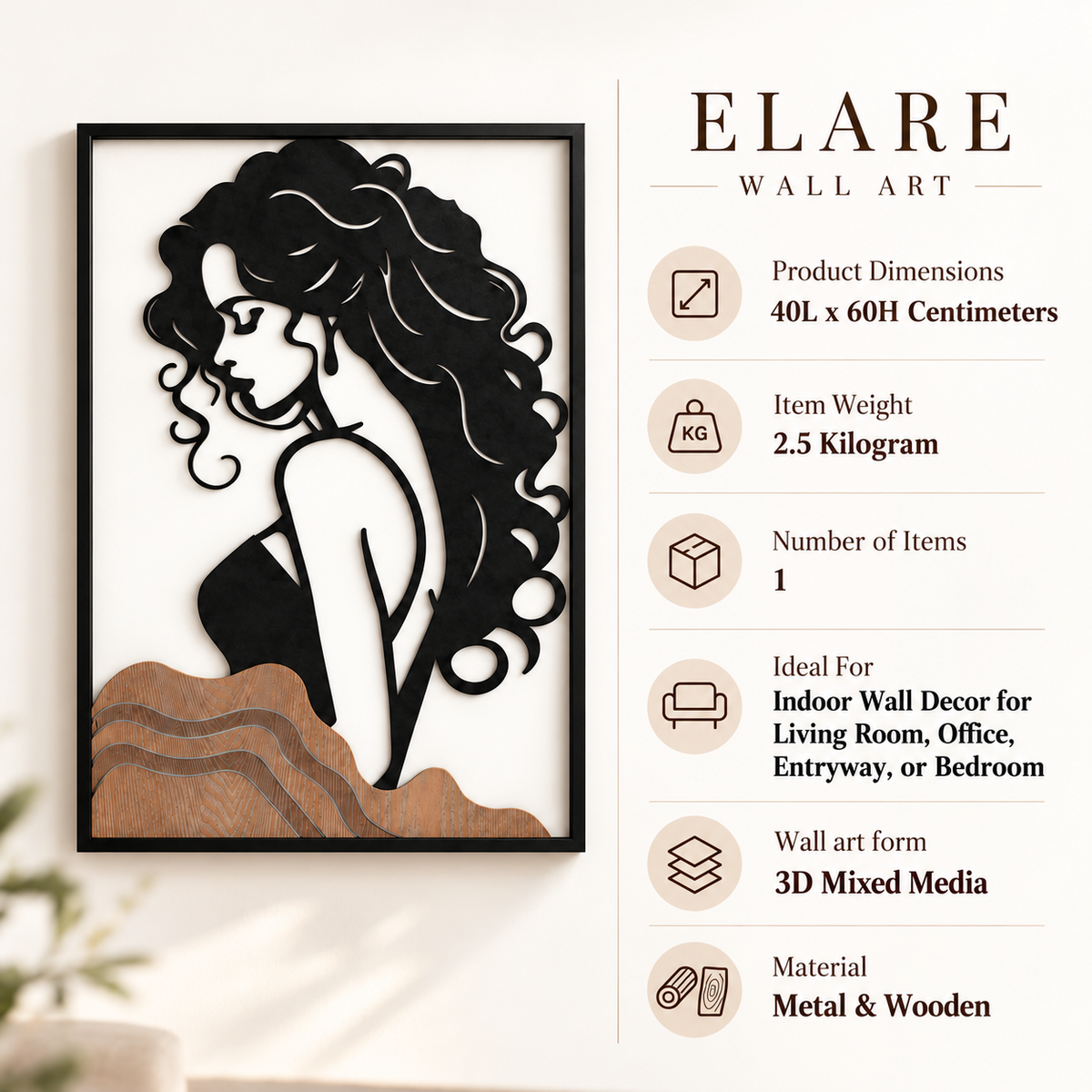 Abstract Woman Silhouette 3D Metal Wall Art – Black & Brown (60 × 40 cm)