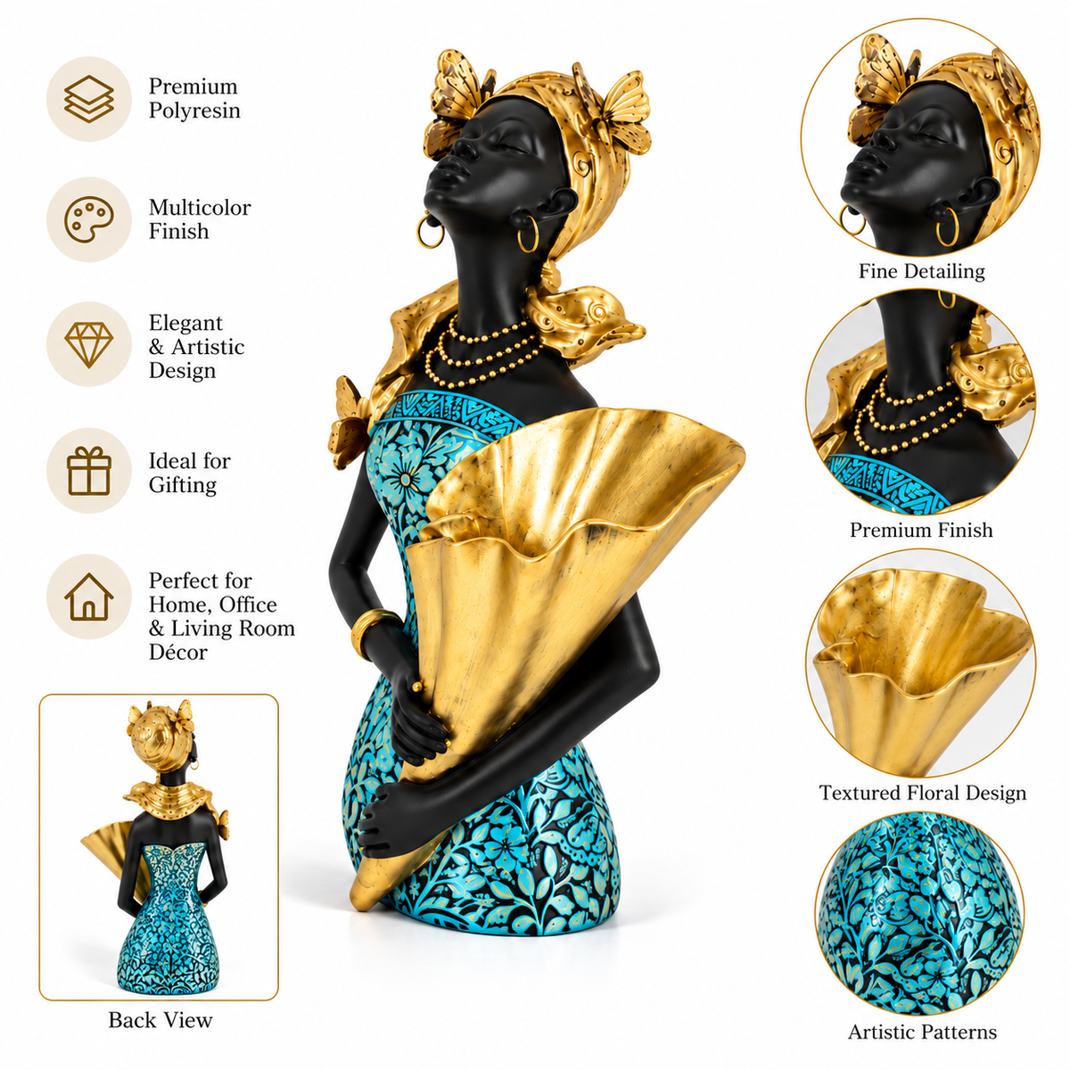 African Lady with Golden Flower Vase Showpiece