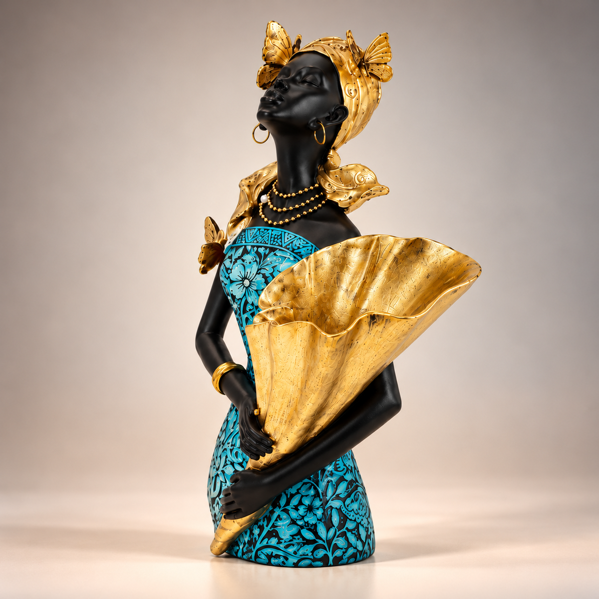 African Lady with Golden Flower Vase Showpiece