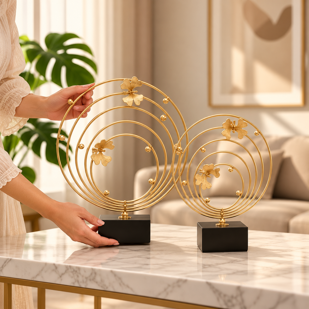 Golden Floral Circular Metal Showpiece Set of 2 with Black Base