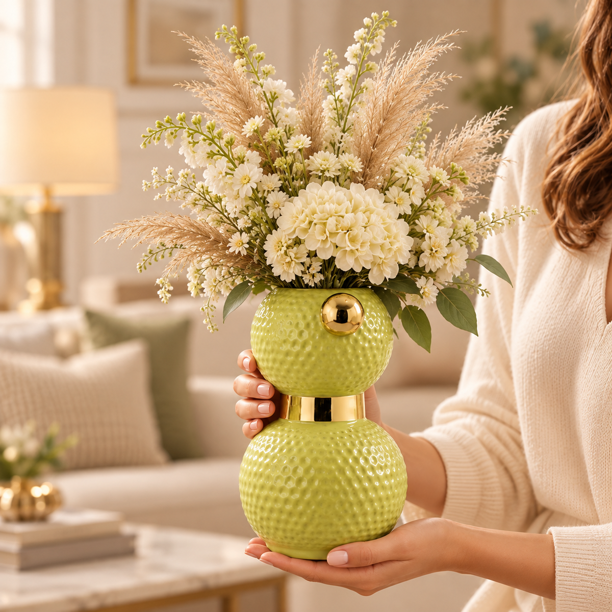 Textured Green & Gold Ceramic Flower Vase
