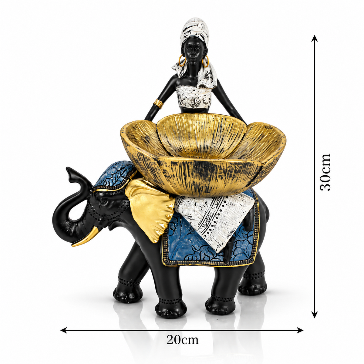 African Lady Elephant Showpiece 30cm with Golden Bowl