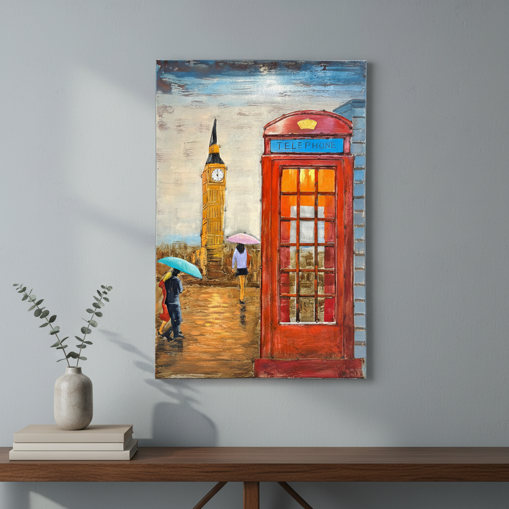 London Rainy Street Metal Wall Art