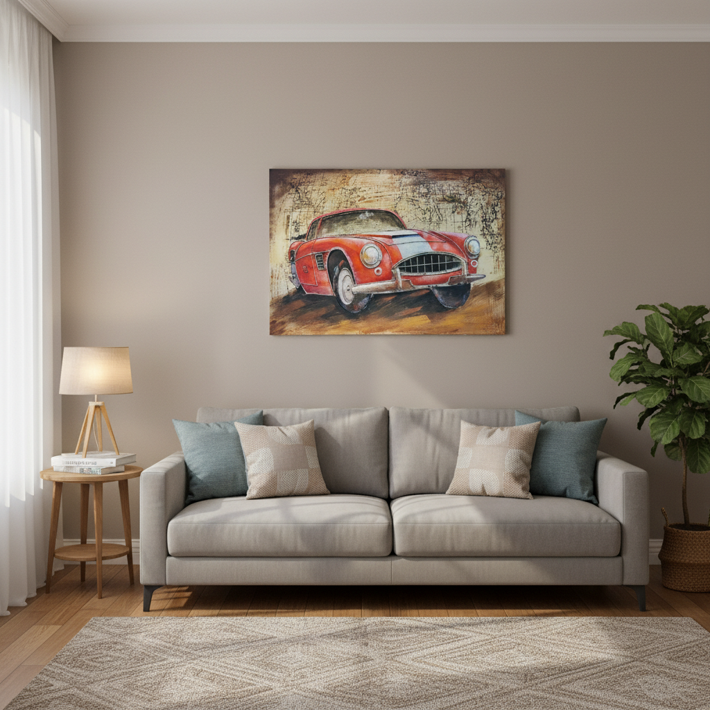 Vintage Red Race Car Metal Wall Art