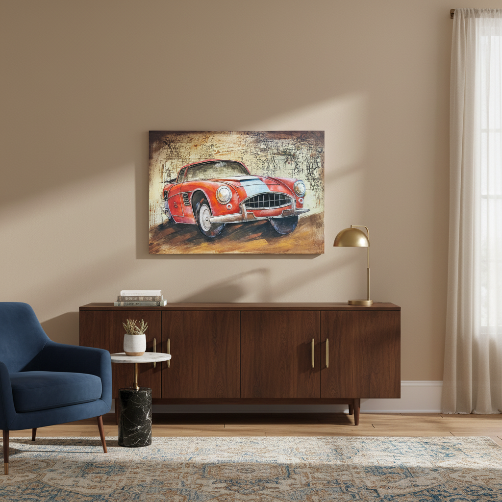 Vintage Red Race Car Metal Wall Art