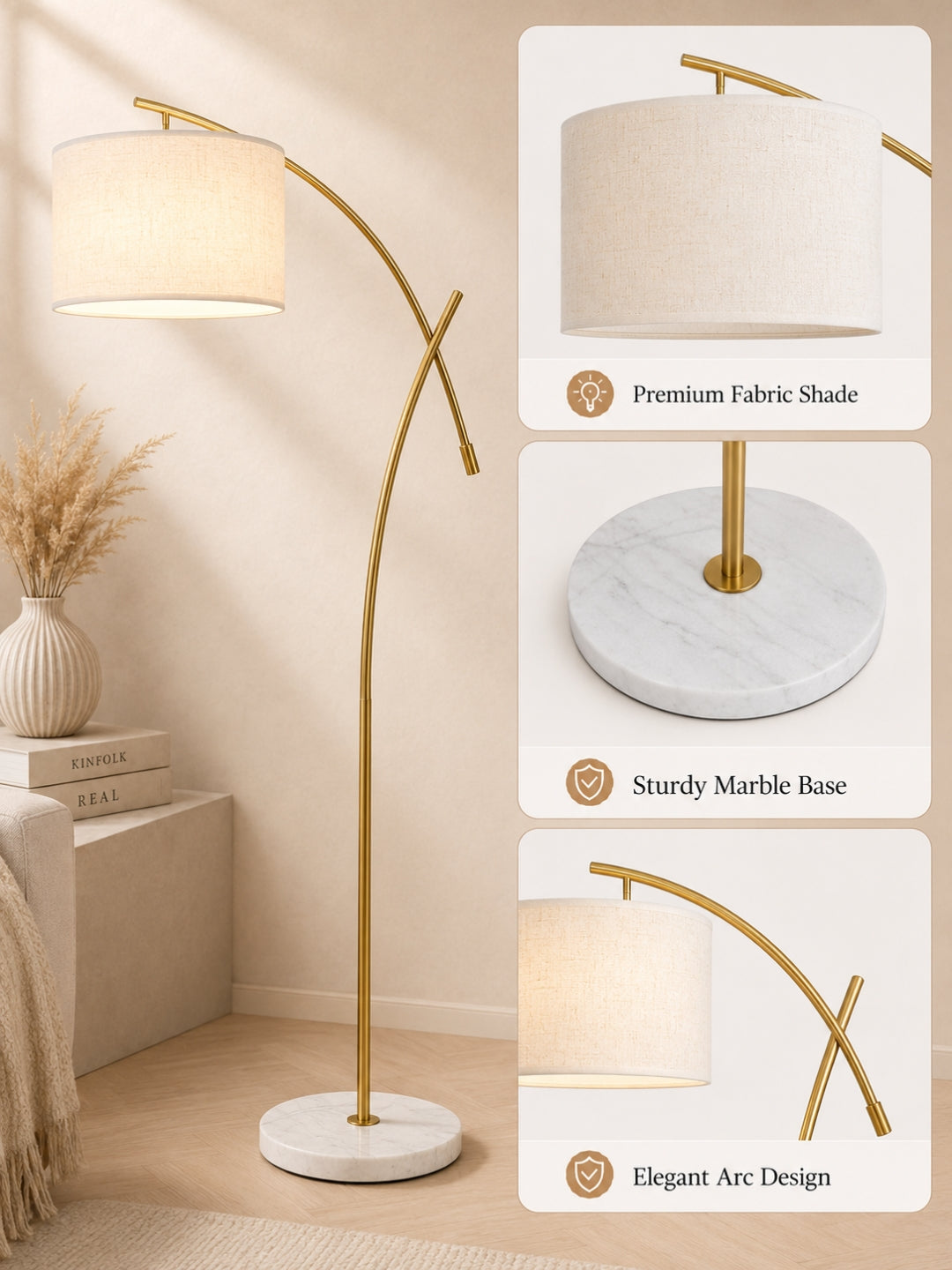 MODERN GOLD ARC FLOOR LAMP WITH SHADE