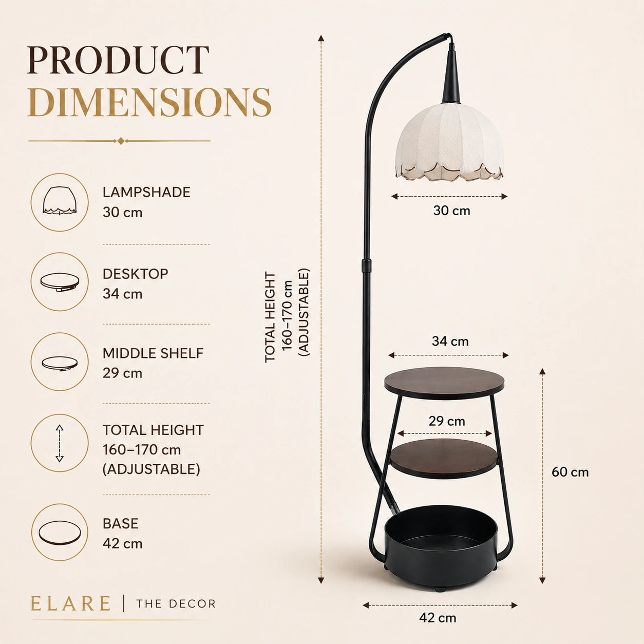 Elare Luxe Floor Lamp with Side Table & Storage Shelf