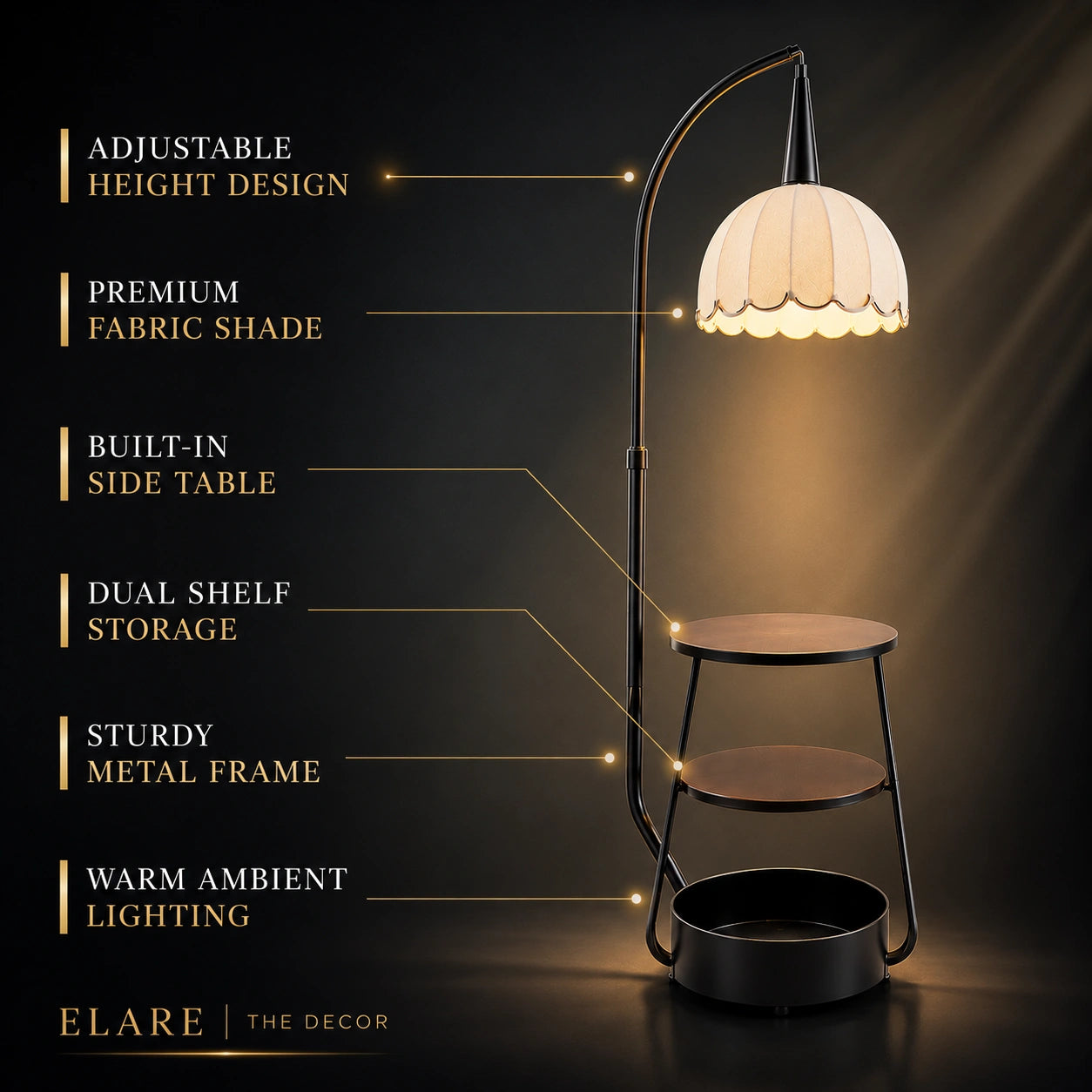 Elare Luxe Floor Lamp with Side Table & Storage Shelf