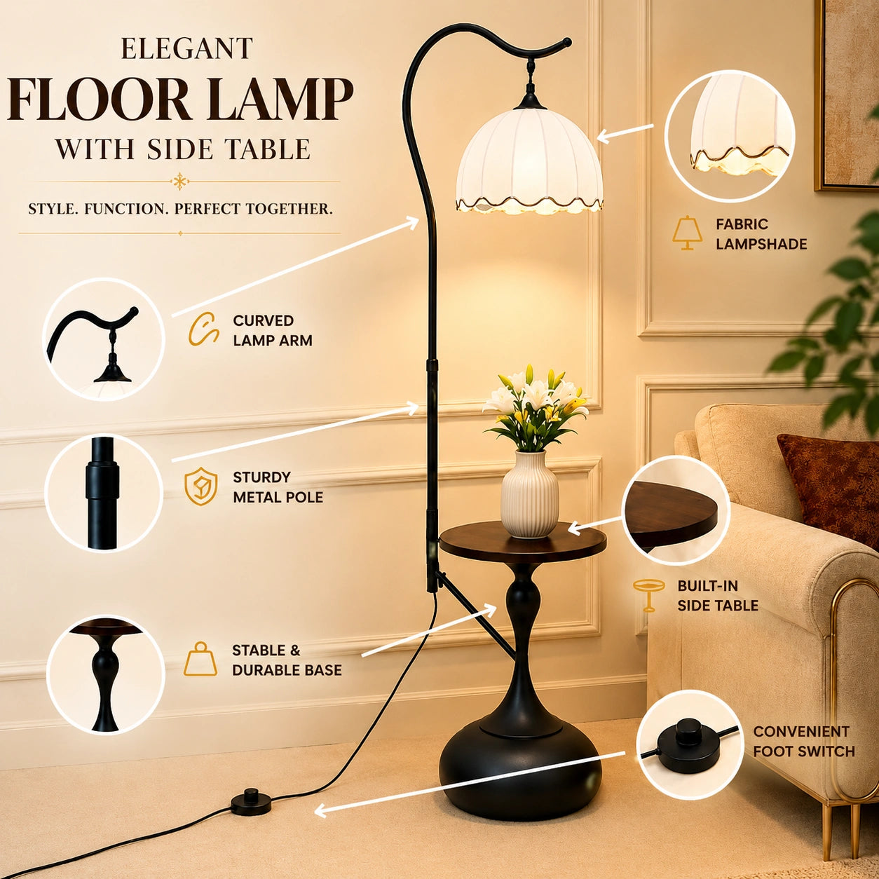 Elare Arc Floor Lamp with Side Table