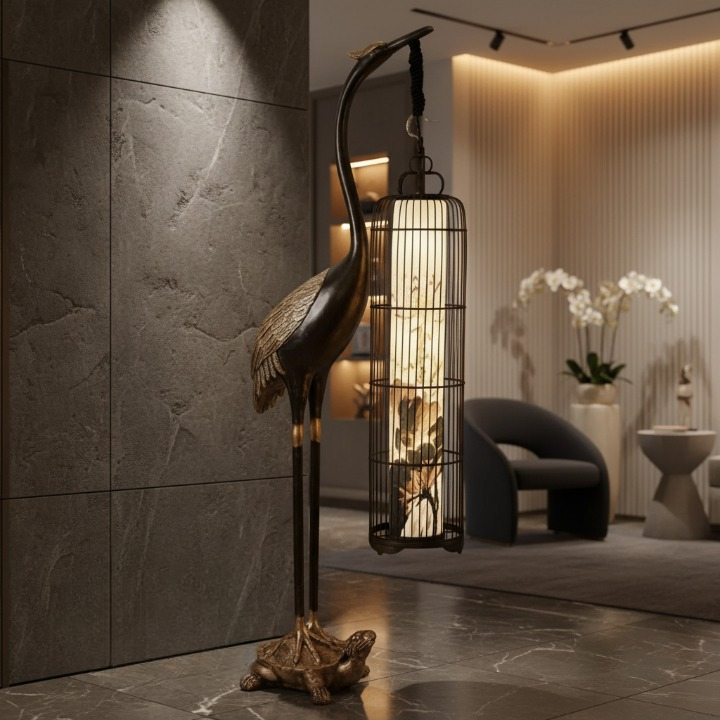 Imperial Crane Sculpture Floor Lamp with Lantern Glow