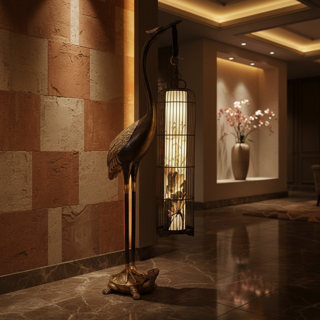 Imperial Crane Sculpture Floor Lamp with Lantern Glow