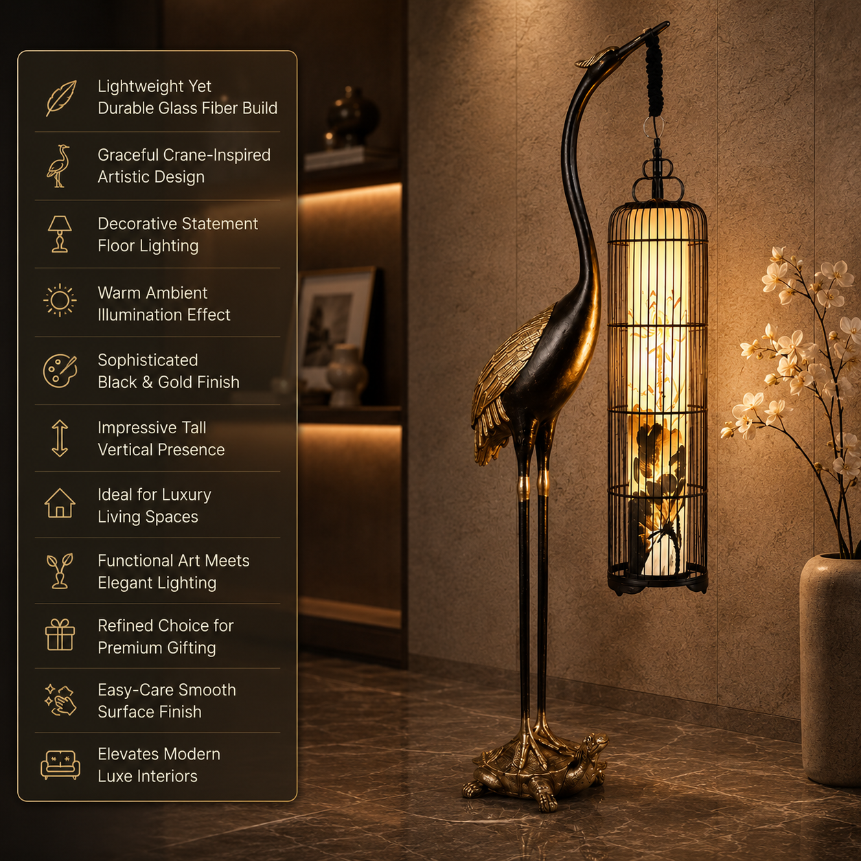 Imperial Crane Sculpture Floor Lamp with Lantern Glow