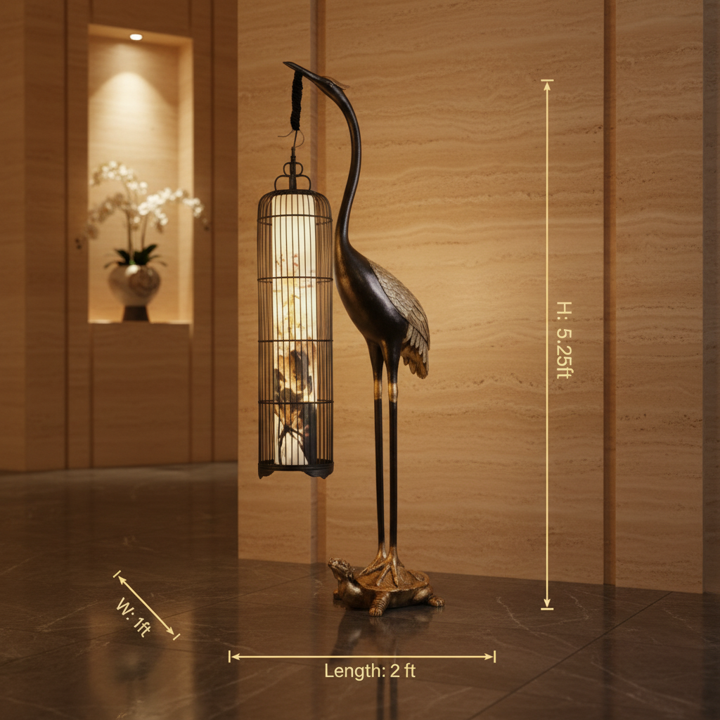 Imperial Crane Sculpture Floor Lamp with Lantern Glow