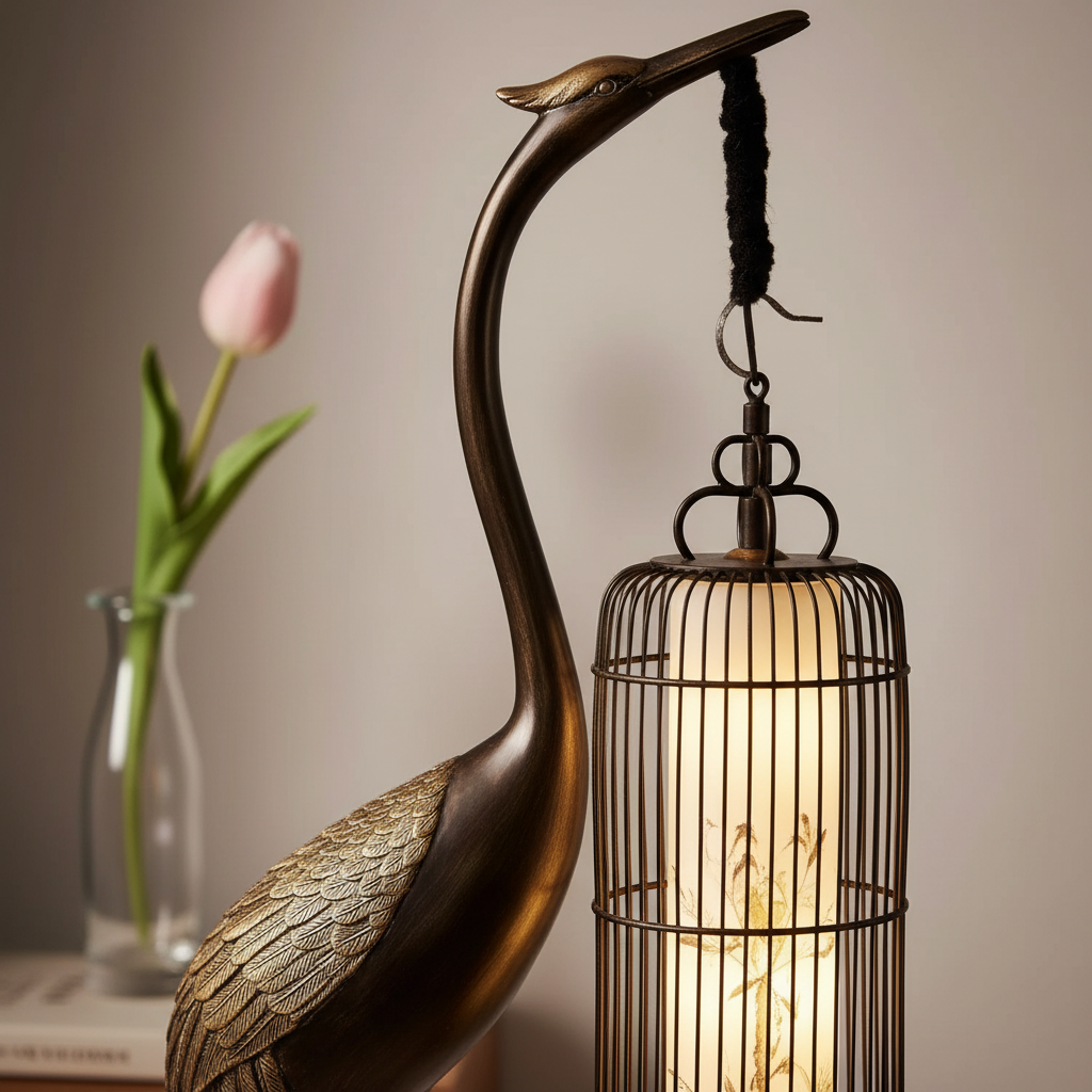 Imperial Crane Sculpture Floor Lamp with Lantern Glow