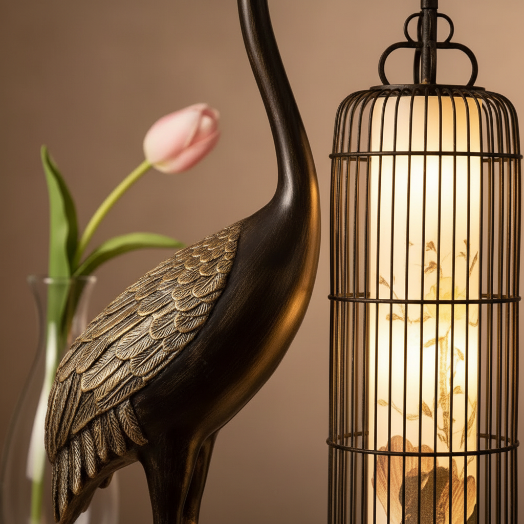 Imperial Crane Sculpture Floor Lamp with Lantern Glow