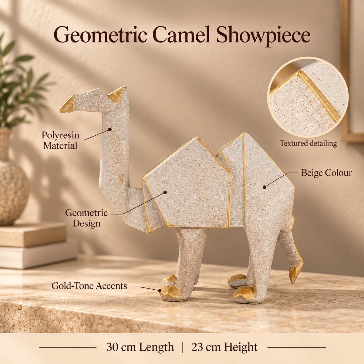Geometric Origami Camel Polyresin Showpiece with Gold Accents