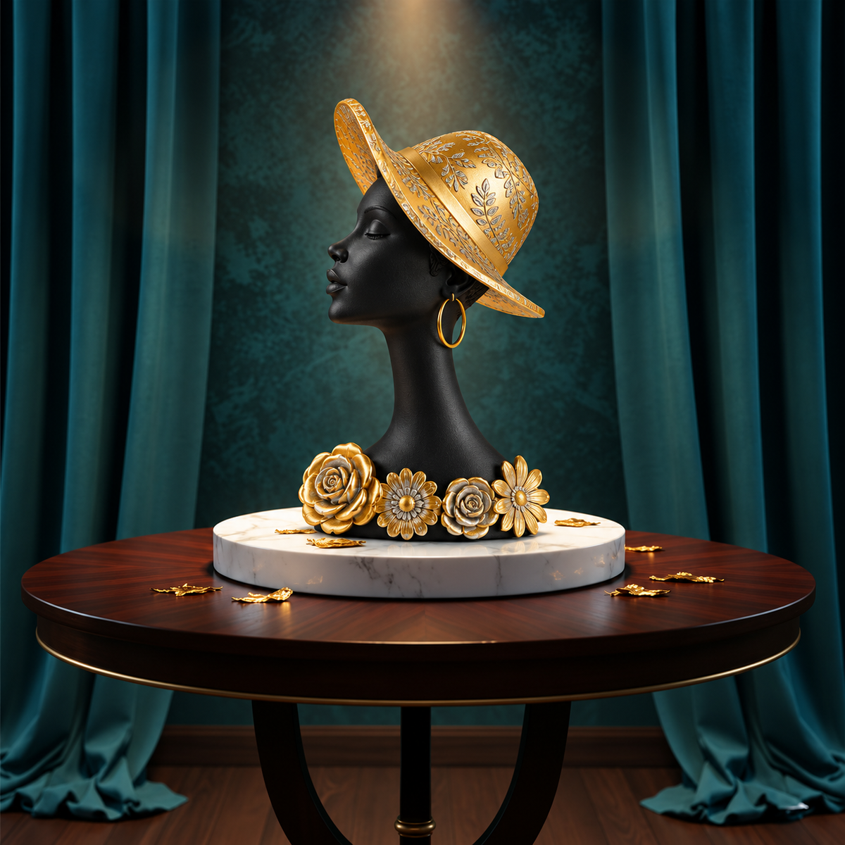 African Lady Showpiece with Golden Hat & Floral Design 33 cm Height