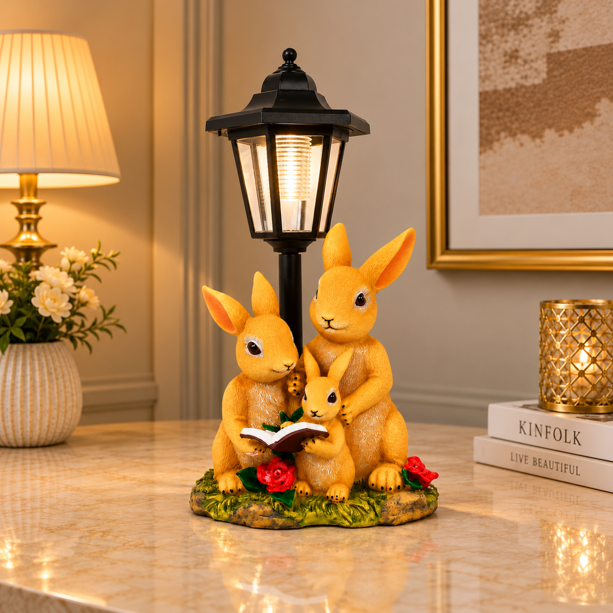 Rabbit Family Storytime Sculpture with Floral Base & Lantern – Polyresin Sensor Night-Light