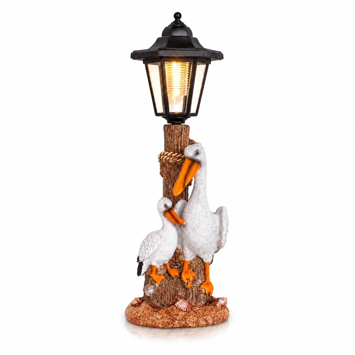 Coastal Pelican Family Sculpture with Rustic Lantern Showpiece