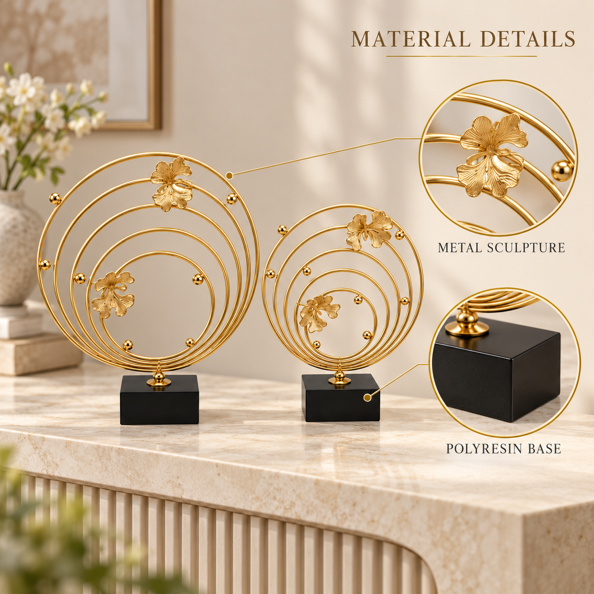 Golden Floral Circular Metal Showpiece Set of 2 with Black Base