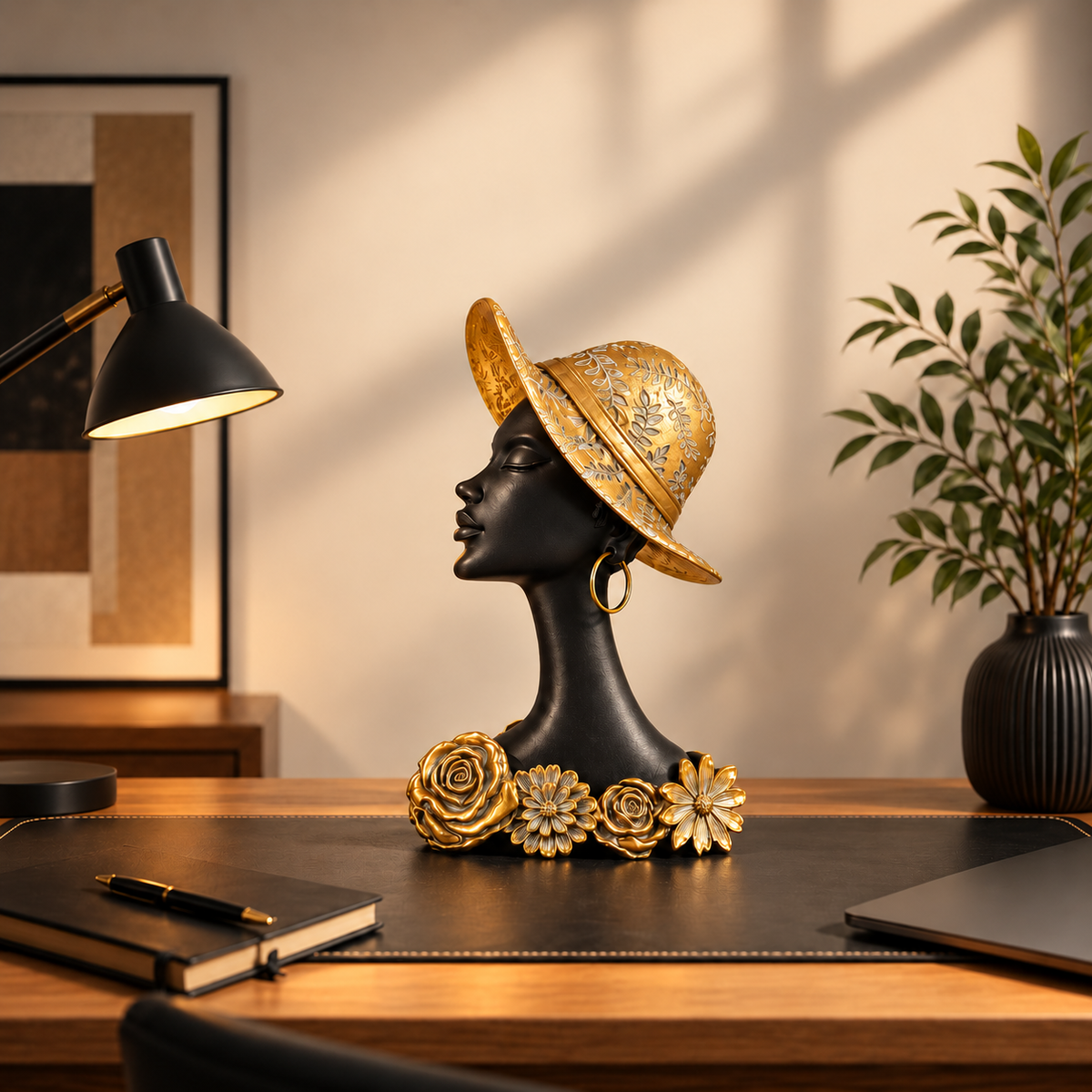 African Lady Showpiece with Golden Hat 28 cm Long