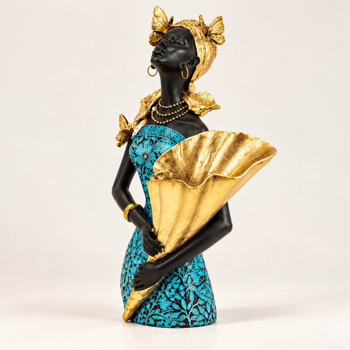 African Lady with Golden Flower Vase Showpiece