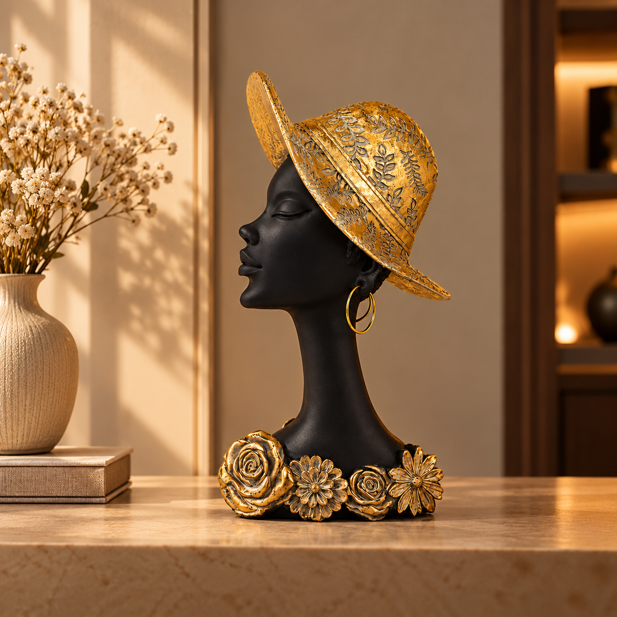 African Lady Showpiece with Golden Hat 28 cm Long