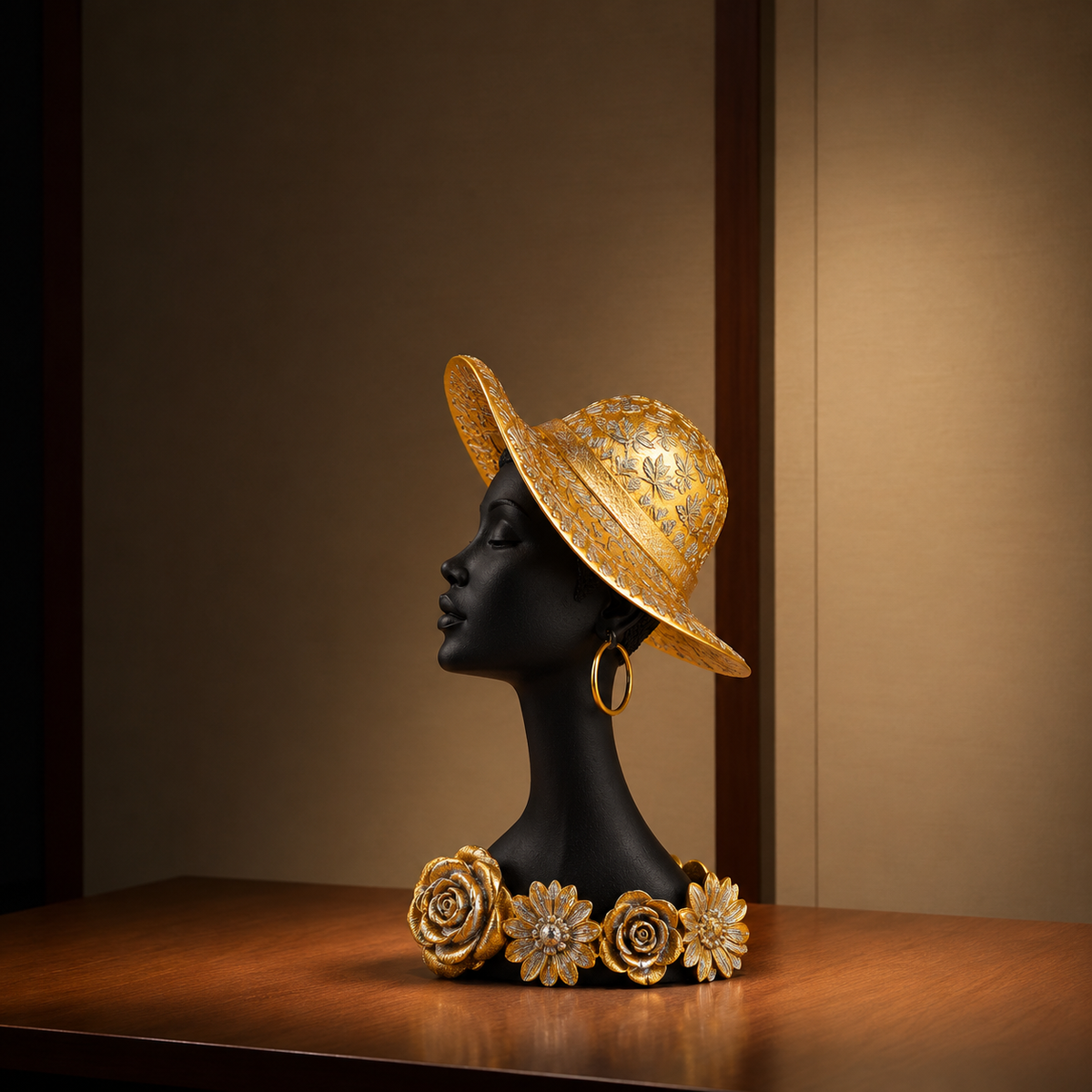African Lady Showpiece with Golden Hat & Floral Design 33 cm Height