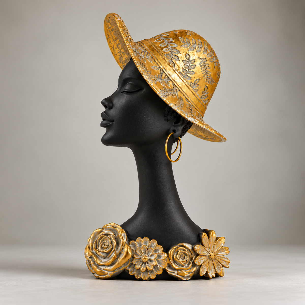African Lady Showpiece with Golden Hat & Floral Design 33 cm Height