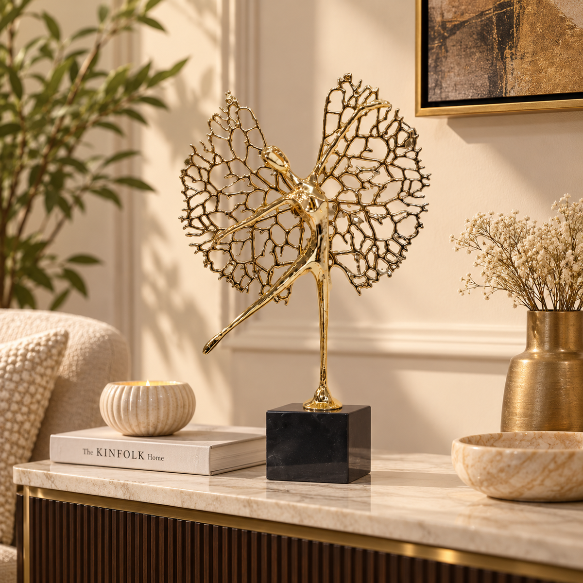 Golden Dancing Ballerina Decorative Sculpture with Black Base