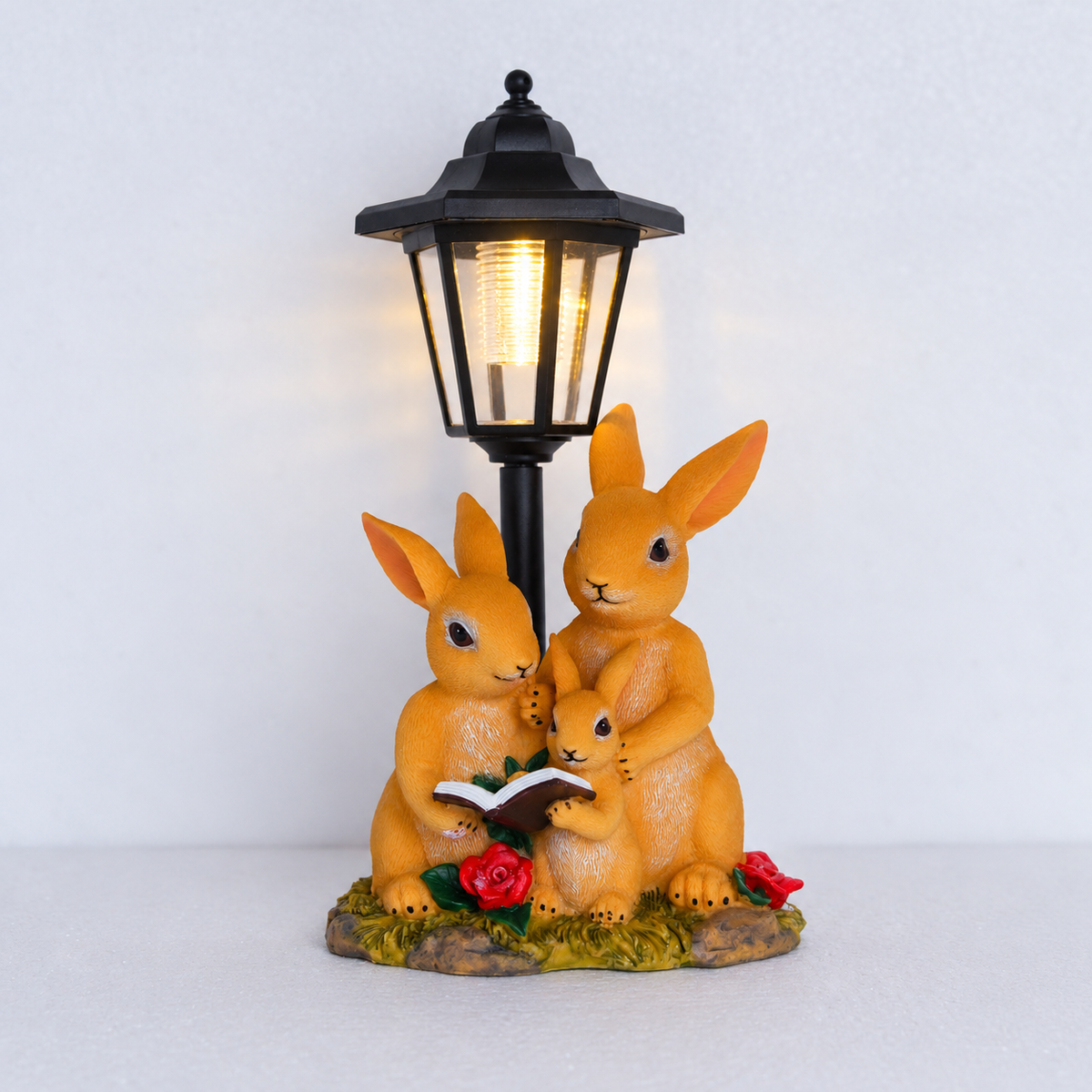 Rabbit Family Storytime Sculpture with Floral Base & Lantern – Polyresin Sensor Night-Light